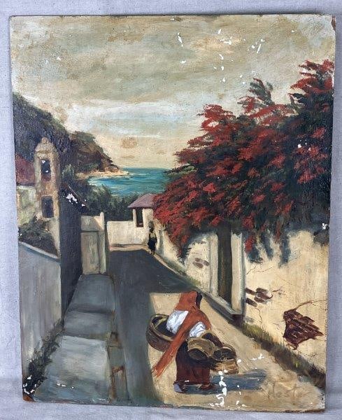 Hester Townscape Oil Painting on Board: Charming oil painting by Hester depicting figures on their daily walk within a foreign townscape, accented by verdant foliage and an oceanside view. Executed alla prima with touches of impasto brushwo