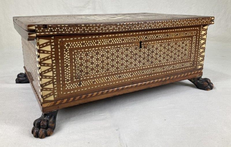 Highly Inlaid 19th Century Game Cabinet: Exquisite 19th-century game cabinet featuring intricate bone and wood inlay throughout, including a finely crafted chessboard top. The interior compartments provide storage for game pieces, and the ca