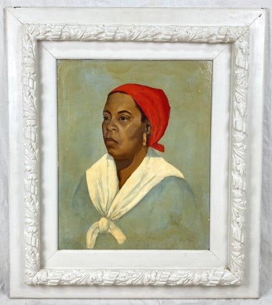 Portrait of an African American Woman, 20th Century: Expressive oil on board depicting an older woman with a solemn, contemplative expression. The artist captures remarkable depth and dignity through detailed brushwork and tonal balance. Presented in a 
