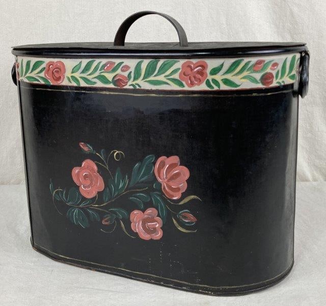 Decorated Boiler Tub by Kreamer: Wonderful black-painted tin boiler tub decorated with a hand-painted floral motif on the front and along half of the rim. The piece includes a removable lid with handle and side handles for carrying. 