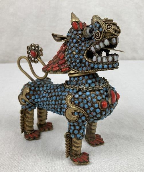 Chinese Brass Foo Dog Bottle with Turquoise and Coral (1 of 15)