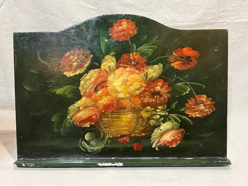 Still Life Oil Painting Plaque: Beautifully executed still life depicting a basket of flowers in the European and Dutch tradition, rendered with rich color and detail. Measures approximately 13 7/8" H x 19 1/2" W x 1 7/8" D and is i