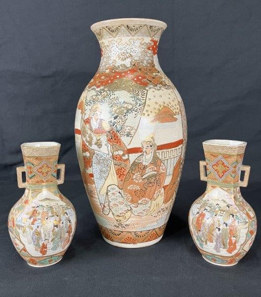 Three Japanese Satsuma Hand-Painted Porcelain Vases (1 of 18)