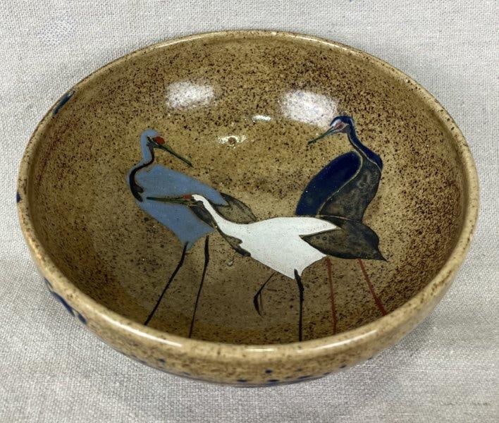 Asian Stoneware Bowl with Crane Motif (1 of 9)