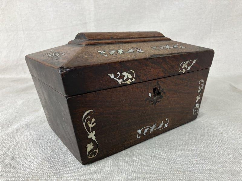 Mother-of-Pearl Inlay Wood Box: Elegant mahogany box with a rich warm patina, the front and top are decorated with delicate mother-of-pearl floral inlay. A fine example of decorative craftsmanship blending natural materials with ref