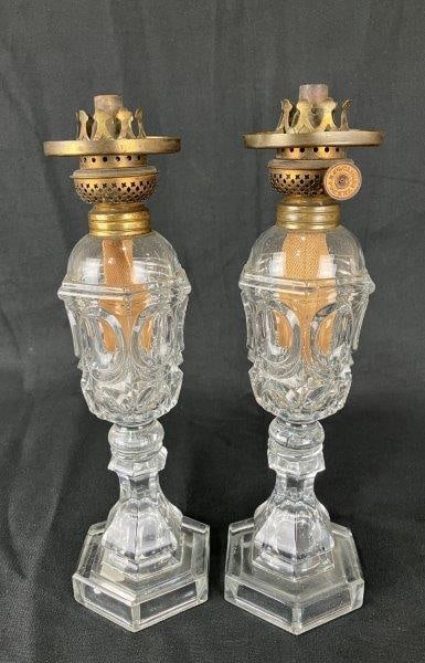 Pair of Early Pressed Glass Oil Lamps (1 of 6)