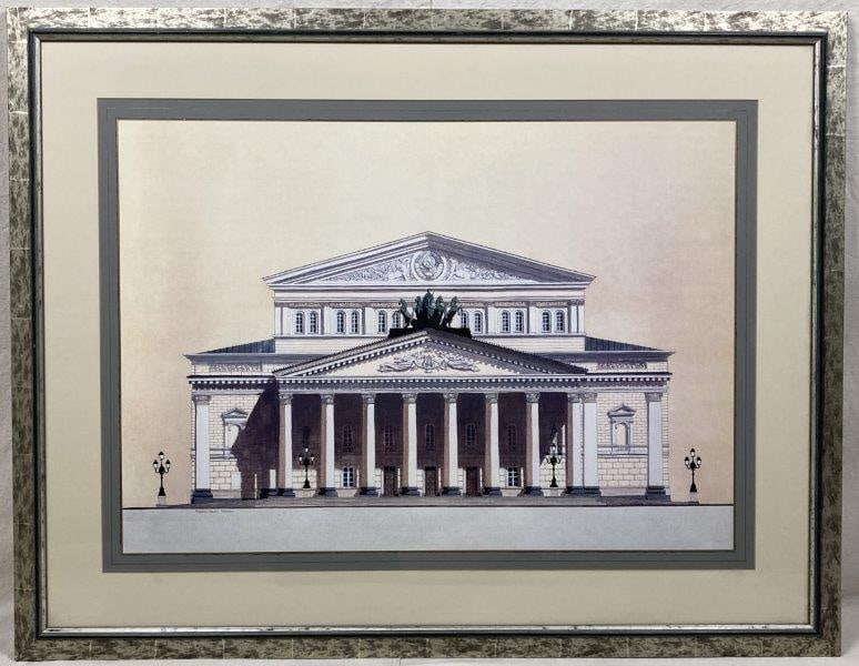 Andras Kaldor Bolshoi Theatre Print: Striking print of the Bolshoi Theatre, Moscow, based on Andras Kaldor's 1990 pen and ink drawing. A finely detailed architectural rendering of Russia's most famous opera house, presented in a large fo