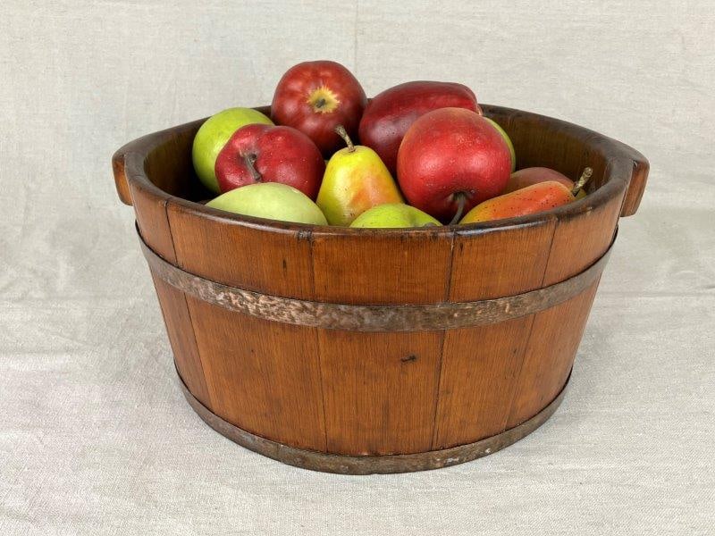 Wood Bucket with Faux Fruit: Charming wood bucket displaying a rich warm patina, filled with faux fruit for added country character and decorative appeal. Measures approximately 6 1/2" H x 12 7/8" in diameter. Good condition with
