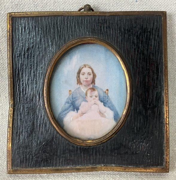 19th Century Painted Miniature Portrait: Charming painted miniature portrait depicting a woman and child in period dress, executed with fine detail in the traditional miniature style. Frame measures approximately 4" H x 4" W x 1/4" D and is 