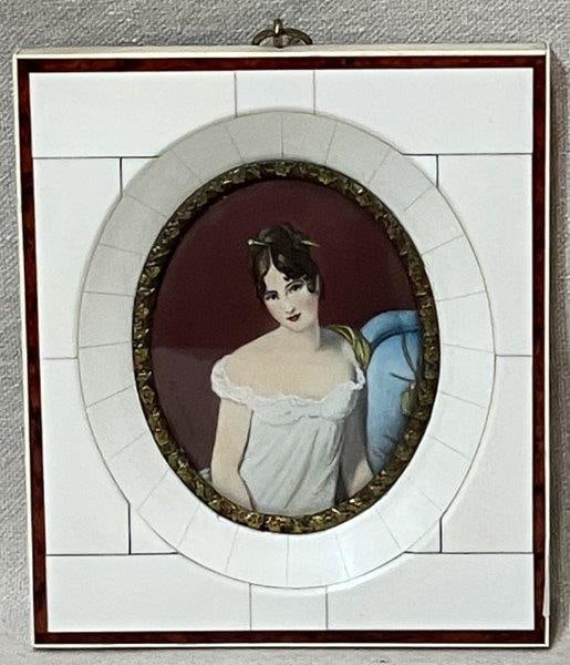 Painted Portrait Miniature Signed Lebrun: Finely painted portrait miniature depicting a woman in late 18th-century neoclassical dress, signed Lebrun and possibly after a work by the celebrated French court painter. The sitter may represent a 
