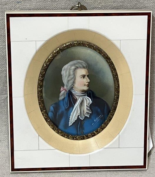 Painted Portrait Miniature Signed Settner: Finely painted portrait miniature signed Settner, possibly depicting the composer Mozart in 18th-century dress. Housed in a bone frame with gilded details. Frame measures approximately 5 5/8" H x 4 7/