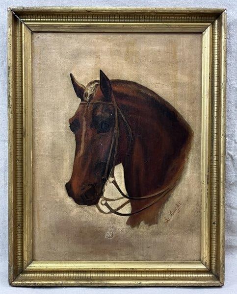 19th Century, American School, Portrait of a Horse: A wonderful rendering of a chestnut horse with a blaze down its head and wearing a bridle. Signed lower right “L. Knight.” Presented in a gilt frame. Frame measures approximately 14 1/4" x