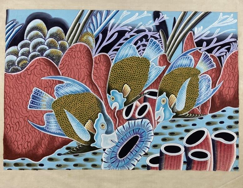 Chinese Tropical Fish Painting on Silk: Vibrant painting on silk, blending Eastern materials with a contemporary, high-fashion aesthetic reminiscent of luxury design houses such as Hermès. The composition features rhythmic colors and p