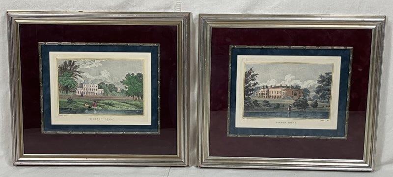 W. Faithorn Engravings, Bishton Hall and Denton House: Engravings by W. Faithorn after drawings by J.P. Neale, finely rendered with excellent detail, rich tones, and period depictions of figures within the English countryside. Each scene captures the gran