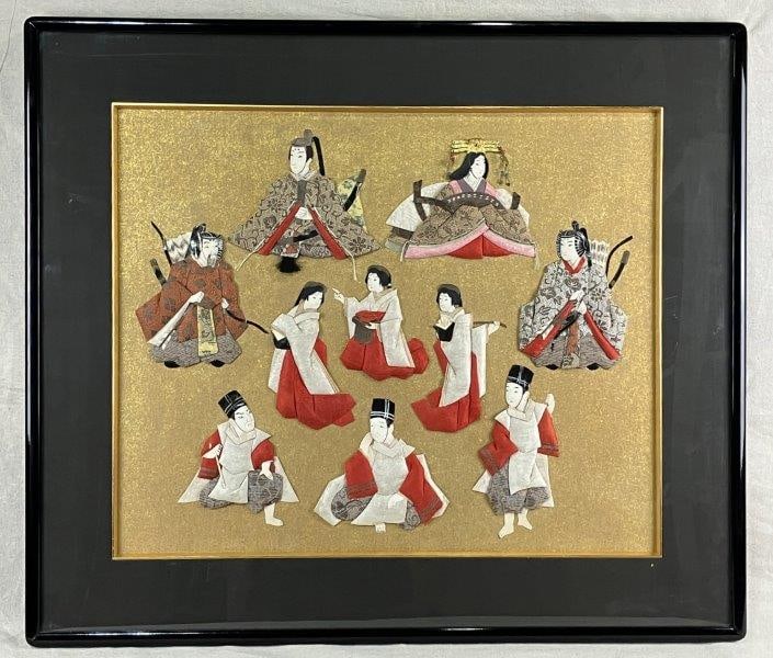 Japanese Mixed Media Folk Art: Japanese folk art depicting japanese people in various outfits, each person's clothing is made of different fabric and they are mounted to a gold leaf background, two men are holding sheathed swords a