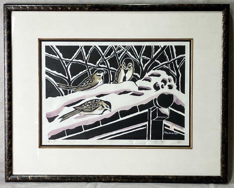 Masao Ido Bird Relief Print, Exhibition Proof, 1973: Relief print by Japanese artist Masao Ido (20th/21st century), depicting a grouping of birds among trees in a predominantly black palette accented with mauve and soft brown. Marked as an EP (Exhibitio