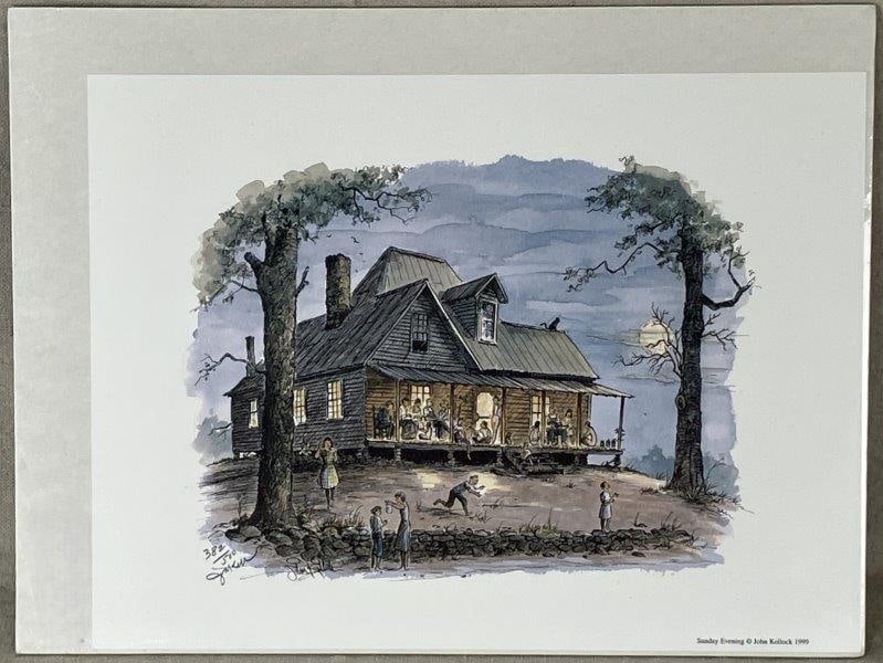 Hand-Signed John Kollock Print, Sunday Evening: Charming print by Southern artist John Kollock (1928-2009), titled Sunday Evening, depicting a Southern home with a lively social gathering. Kollock, a native of Atlanta, was celebrated for capturing 