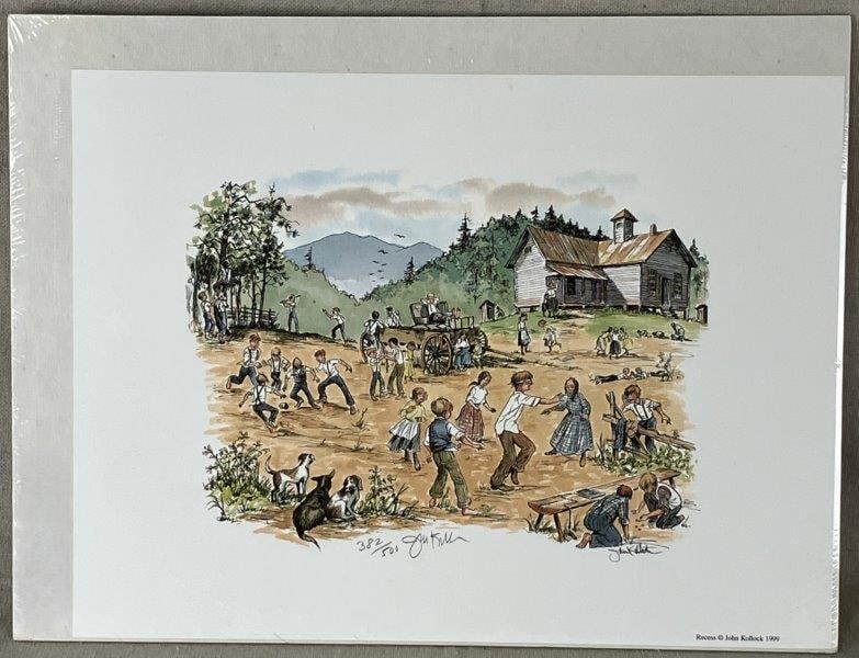 Hand-Signed John Kollock Print, Recess: Charming print by Southern artist John Kollock (1928-2009), titled Recess, depicting a Southern school with children at play. Kollock, a native of Atlanta, was celebrated for capturing the warmth and