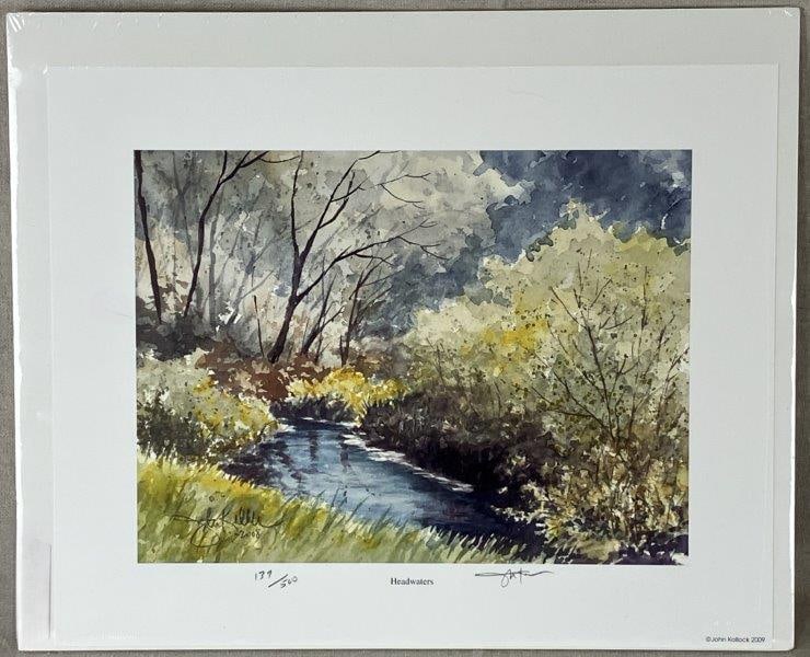Hand-Signed John Kollock Print, Headwaters: Charming print by Southern artist John Kollock (1928-2009), titled Headwaters, depicting a Southern landscape. Kollock, a native of Atlanta, was celebrated for capturing the warmth and traditions of S