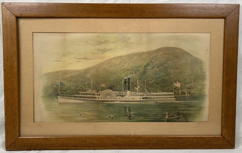 Mary Powell Steamboat Print: Print depicting the Mary Powell, the famed Hudson River steamboat, presented matted and framed. A nostalgic image of 19th century American river travel. Frame measures approximately 26'' H x 40 1/2'' 
