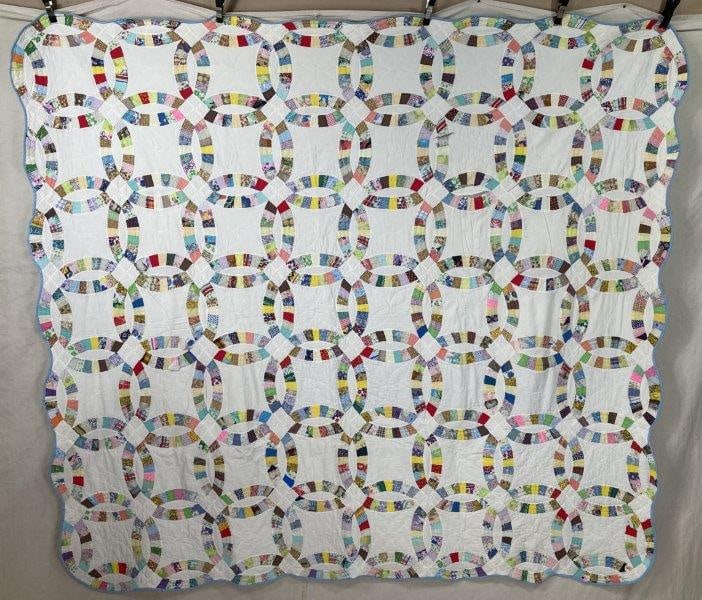 Vintage Handmade Patchwork Quilt, Double Wedding Ring Pattern (1 of 8)