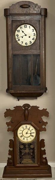 Two Antique Clocks: Includes one rooster head–themed clock (untested) and one Continental regulator wall clock offered for parts. The regulator clock features a classic rectangular wood case and glass front panel b