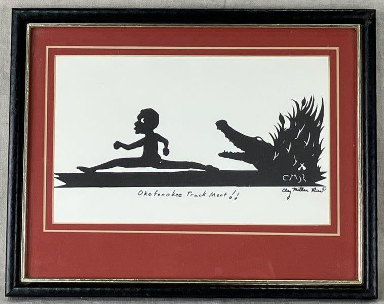 Clay Miller Rice " Okefenokee Track Meet" Silhouette Relief Print: Distinctive relief silhouette print titled “Okefenokee Track Meet” by noted artist Clay Rice. This work demonstrates Rice’s skill and artistry within the traditional silhouette form.
