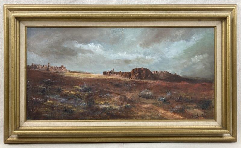 Hester, Western Landscape, 20th Century: Wonderful desert landscape painting depicting expansive plateaus in the distance, rendered with warm tones and atmospheric depth. Signed Hester at lower right and presented in a handsome frame. Frame 