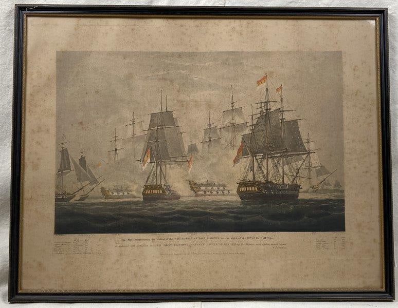W.J. Huggins, The Defeat of the Squadron of Don Miguel, 1833: Engraving by E. Duncan after W.J. Huggins, titled The Defeat of the Squadron of Don Miguel, dated June 10th, 1833. A finely detailed naval scene reflecting early 19th-century maritime history. Frame m