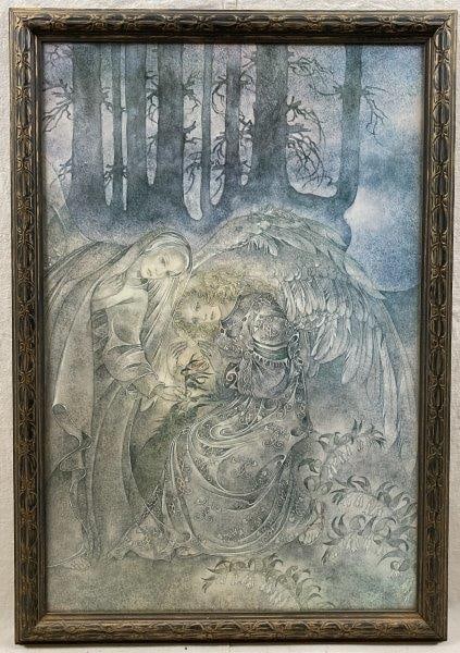 Sulamith Wülfing Angels Print: Mystical print by German artist and illustrator Sulamith Wülfing (1901–1989), renowned for her symbolic and spiritual artworks. The piece depicts two angels in a forest setting, rendered in