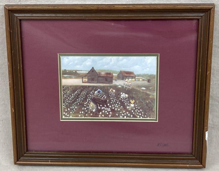Elijah Signed Black Americana Harvesting Print: Poignant print depicting African American figures harvesting cotton on a Southern farm, a powerful reflection of Southern history. Signed â€œElijahâ€ on the matte. Fra