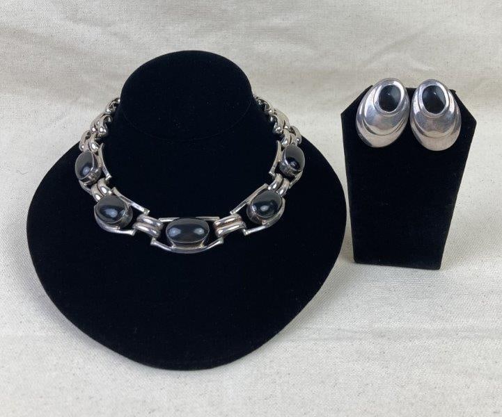 Taxco Sterling Silver and Black Onyx Necklace and Earring Set (1 of 8)