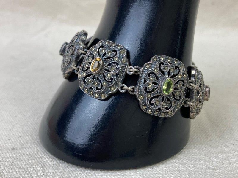 Sterling Silver Gemstone and Marcasite Filigree Bracelet (1 of 5)