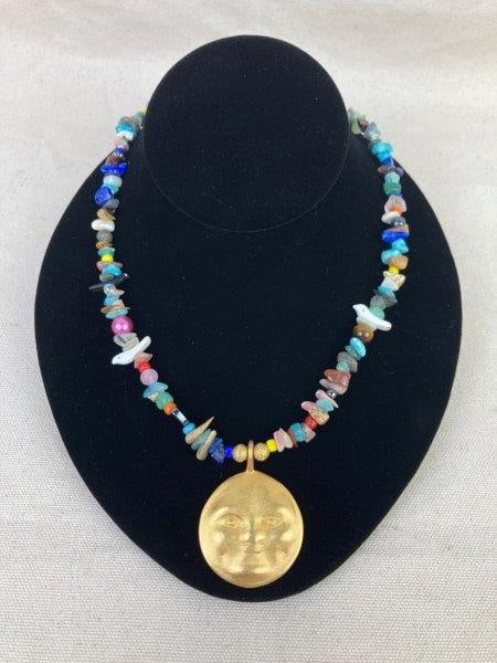 Gold-Tone Moon Pendant Necklace with Natural Stone Chain (1 of 3)
