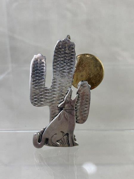 Ben J. Chavez Sterling Silver Navajo Wolf and Cactus Pin (1 of 4)