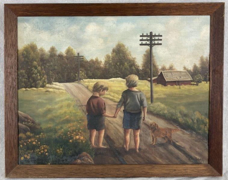 Children and Dog Country Landscape Oil Painting, 1951: Oil on canvas depicting two children and a dog on a country road with barn in the distance, signed “Orissa” and dated “51” at lower right, executed in smooth brushwork. Present