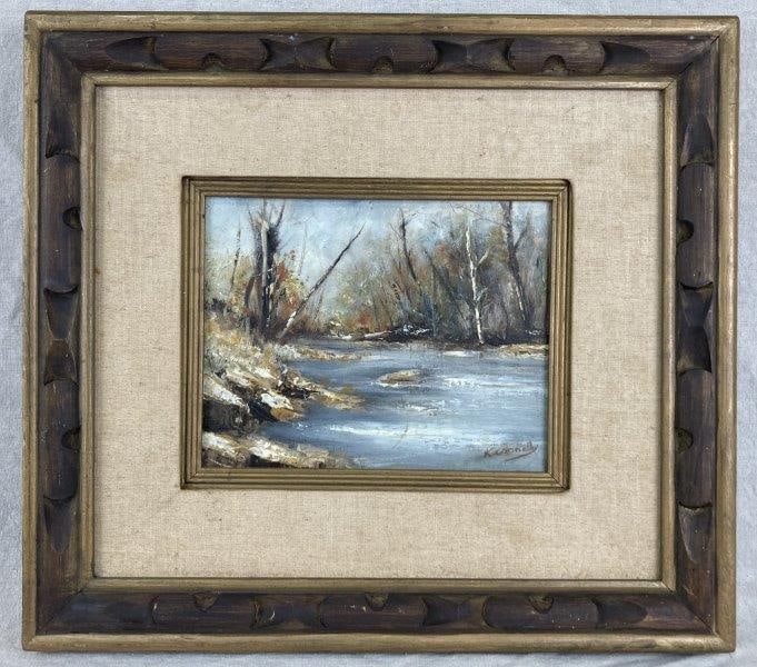 Lakeside Landscape Oil Painting: Mid-20th Century, Oil on canvas depicting a misty fall lakeside scene with textural, expressive brushwork, signed “M. Connelly” at lower right. Presented in a dark wood frame with gilt acc