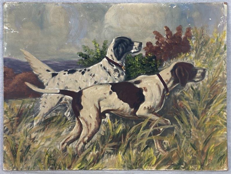 Hunting Dogs Painting over Photographic Print: Unique mixed media artwork featuring two hunting setter dogs, with oil paint applied over a photographic print to enhance texture, depth, and artistic appeal. Measures approximately 11 7/8" H x 15 3/4