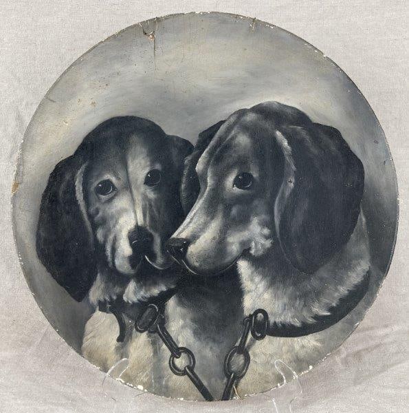 Dog Medallion Oil Painting: Charming oil painting on board executed on a concave circular form resembling a medallion or plate, depicting two finely rendered dogs with expressive features and careful attention to detail. The art