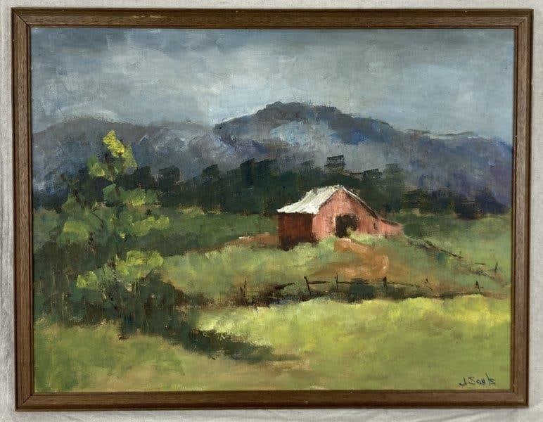 Country Mountain Landscape Oil Painting: Mid-20th Century, Oil on canvas depicting a barn in a mountain landscape with rich paint application and vibrant coloration, signed at lower right. Presented in a natural dark wood frame. Frame measur
