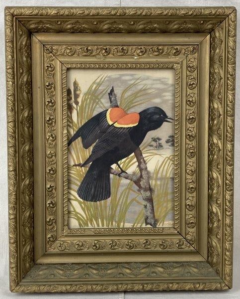 Bird Art Print by John Atherton: Art print depicting a male Red-winged Blackbird perched gracefully on a branch with soft foliage in the background. Signed Atherton in the lower right. Presented in an elegant gold gilt frame compleme