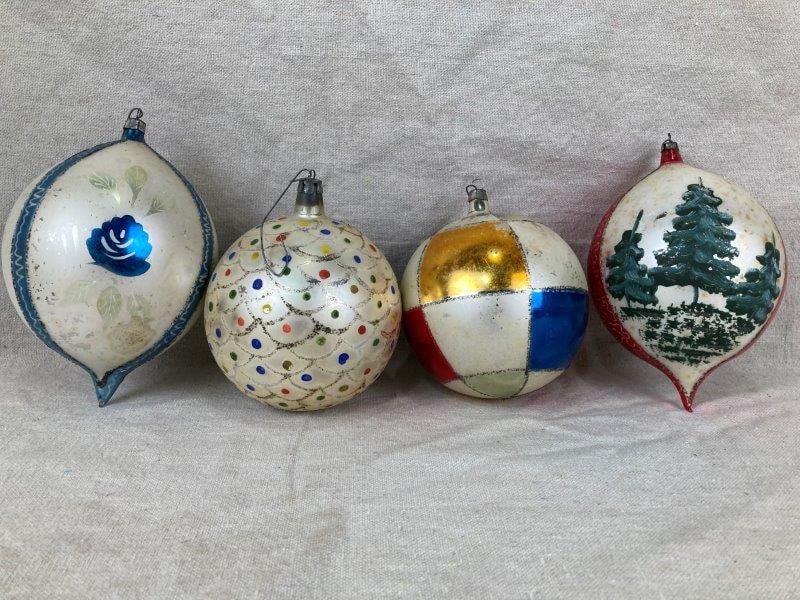 Vintage Hand-Painted Glass Ornaments: Set of four beautifully hand-painted glass ornaments showcasing intricate designs and festive color. Each piece reflects fine craftsmanship and vintage holiday charm. Largest measures approximately 6"