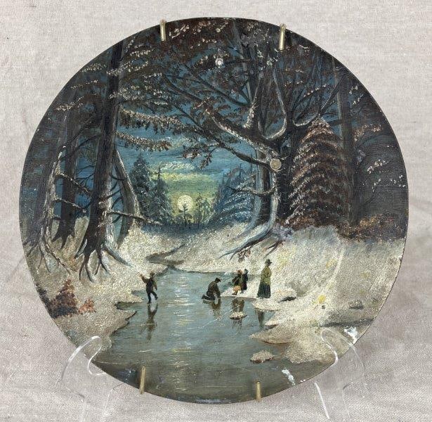 Folk Art Winter Landscape Painted Tin Plate (1 of 7)