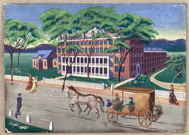 Folk Art Painting of Southern Scene: Charming folk art painting on board depicting an urban streetscape with figures and trees in the foreground and a horse-drawn carriage beside a large central building. Nicely rendered with warm tones 
