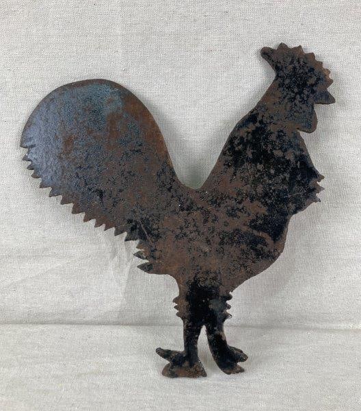Folk Art Shaped Iron Rooster: Handsome cut iron rooster showcasing charming folk craftsmanship and rustic appeal. Measures approximately 12 1/8" H x 11" W x 1/4" D. Some rust and light surface wear consistent with age.