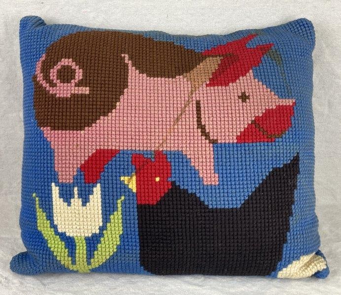 Hand-Hooked Pig and Rooster Pillow (1 of 8)