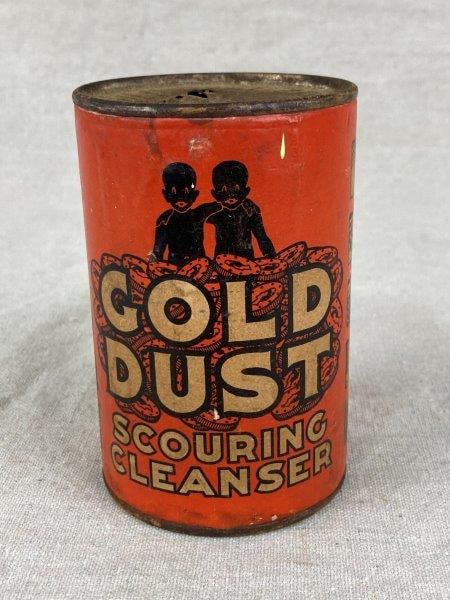 Black Americana â€œGold Dustâ€ Advertising Tin Can: Original Gold Dust Scouring Cleanser tin can, produced by the Lever Brothers Company, Cambridge, Massachusetts. The front label features the iconic Black Americana “Gold Dust Twins” logo a
