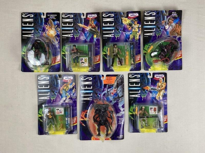 Vintage Collection of Kenner Aliens Action Figures: Group of seven 1992 Kenner action figures including Alien Queen with “Deadly” Chest-Hatchling, Space Marine Corp. Hicks, and Space Marine Lt. Ripley; all figures except the Alien Queen inc
