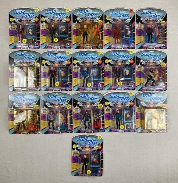 Vintage Collection of Playmates Star Trek: The Next Generation Action Figures: Collection of sixteen Playmates action figures in original packaging including Locutus, Borg, Lieutenant Commander Data, Lieutenant Worf, and Captain Jean-Luc Picard. One box measures approx. 10 3/8 i