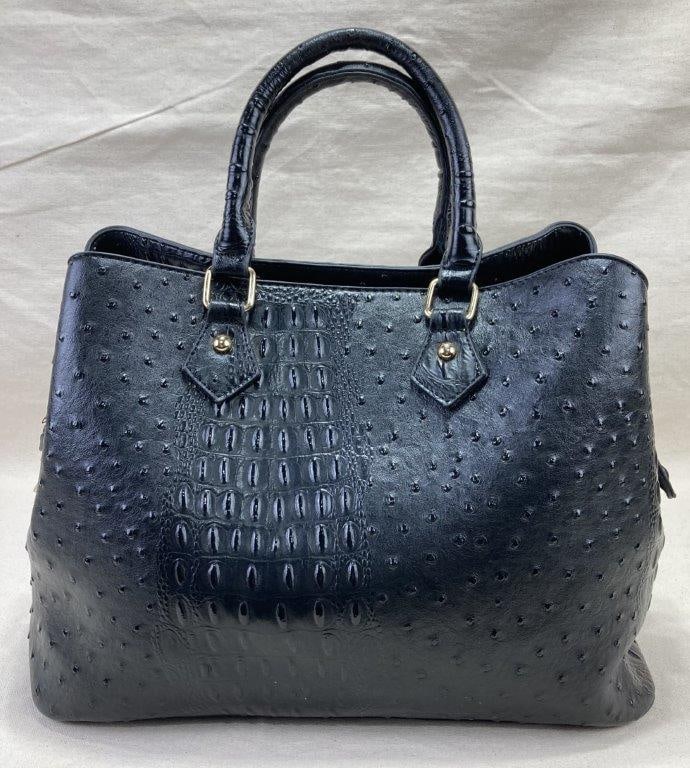 Vegan Black Ostrich-Style Shoulder Bag: Vegan black ostrich-style shoulder bag crafted in rich black faux leather with a structured silhouette and zip-top closure. Spacious and stylish with an embossed texture that mimics genuine ostrich sk